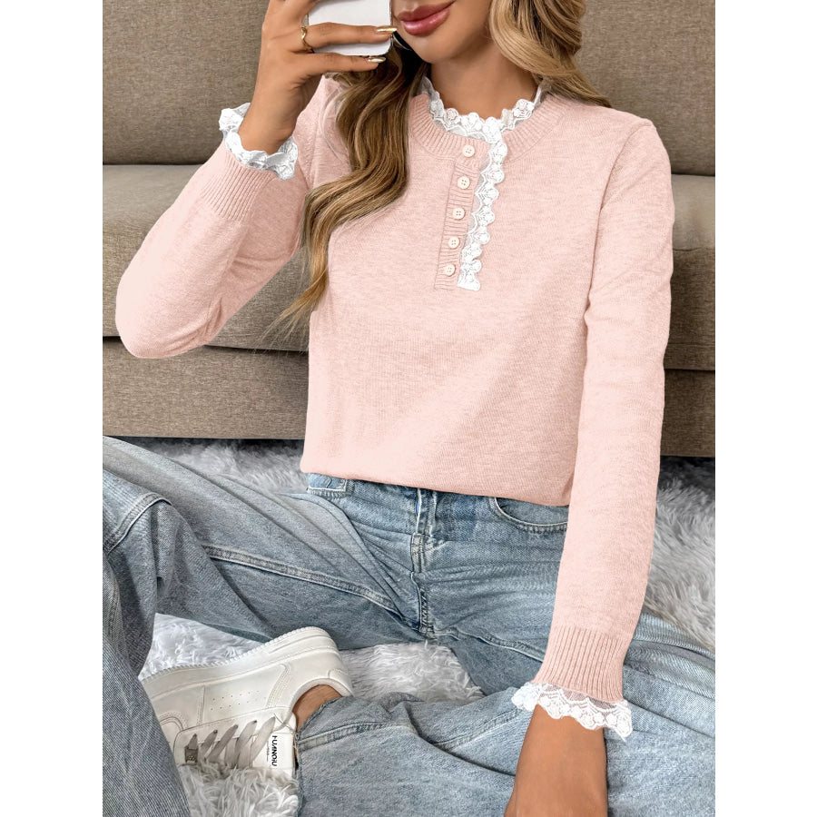 Lace Trim Button Detail Sweater Apparel and Accessories