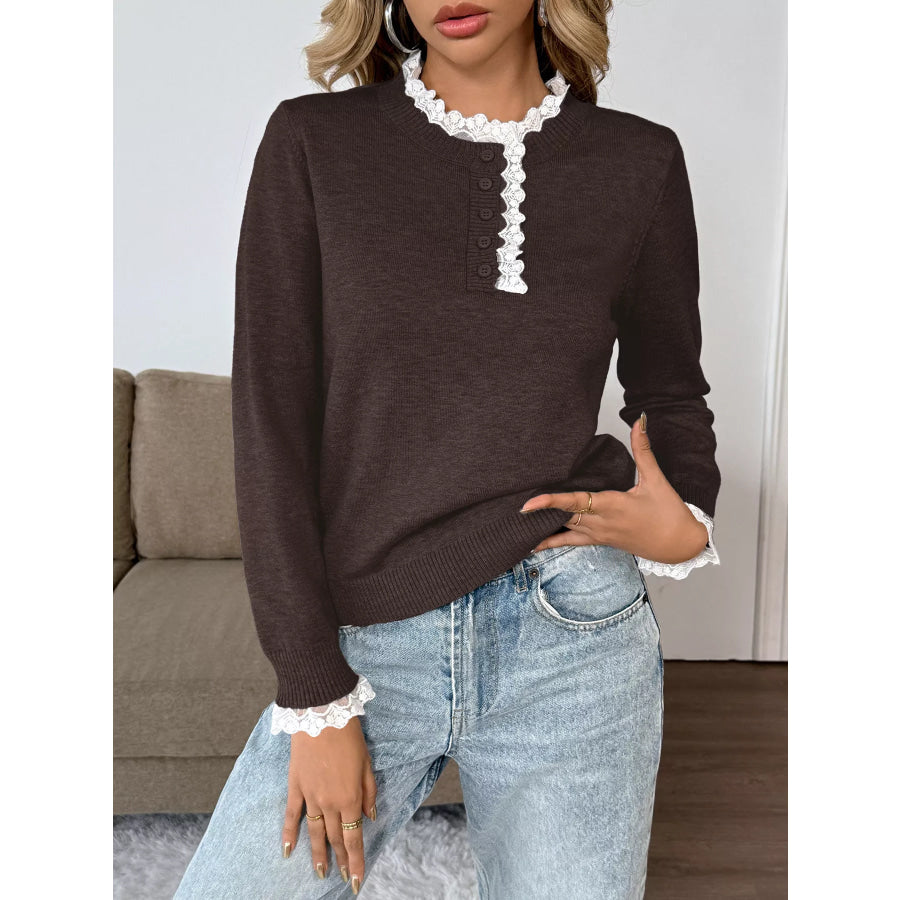Lace Trim Button Detail Sweater Apparel and Accessories