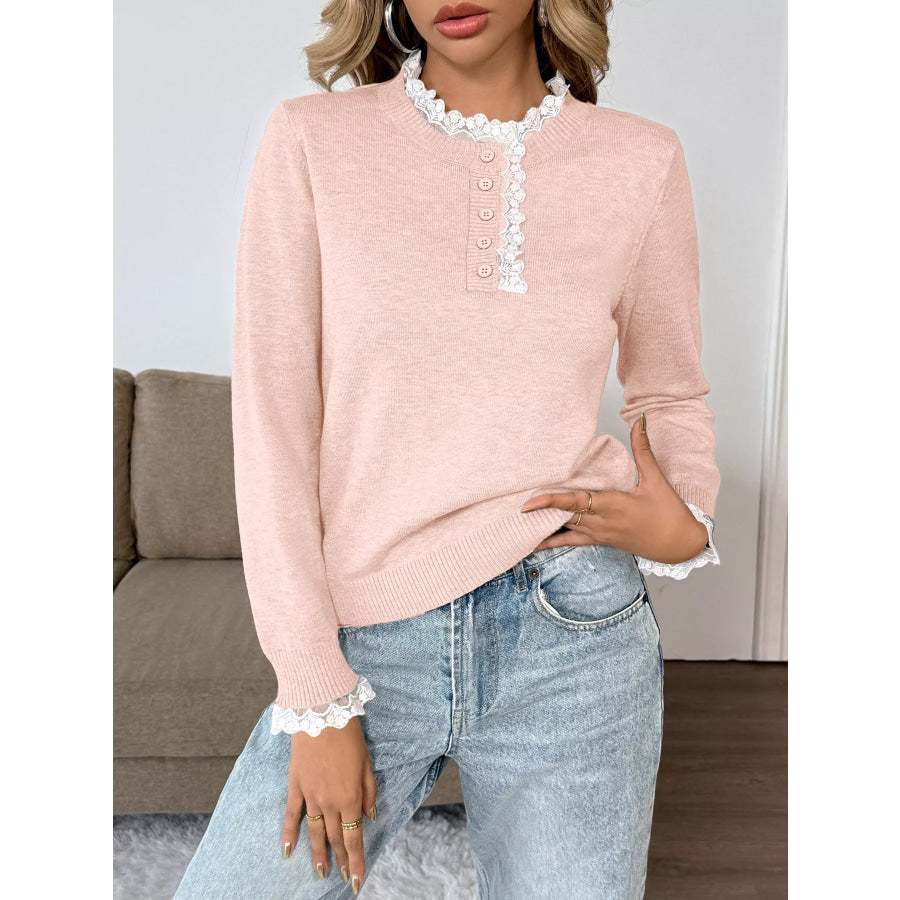 Lace Trim Button Detail Sweater Apparel and Accessories