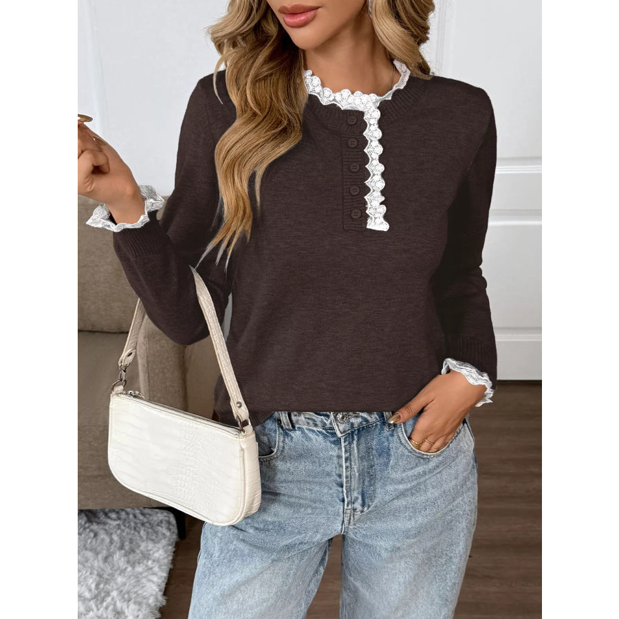 Lace Trim Button Detail Sweater Apparel and Accessories