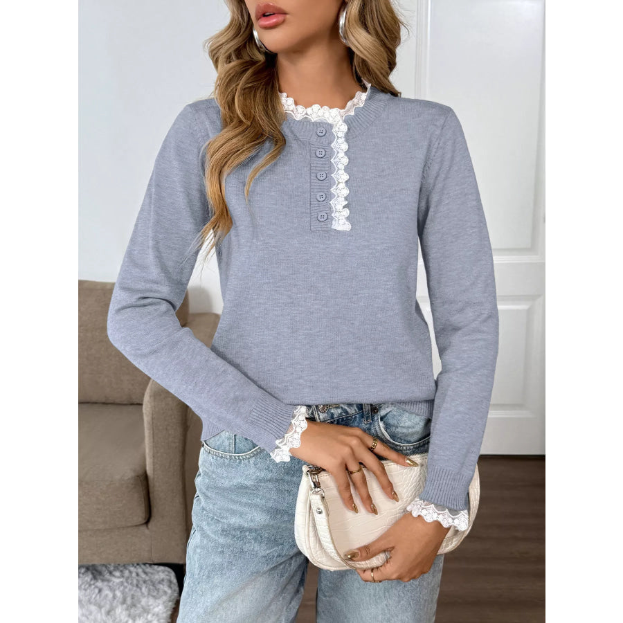 Lace Trim Button Detail Sweater Apparel and Accessories