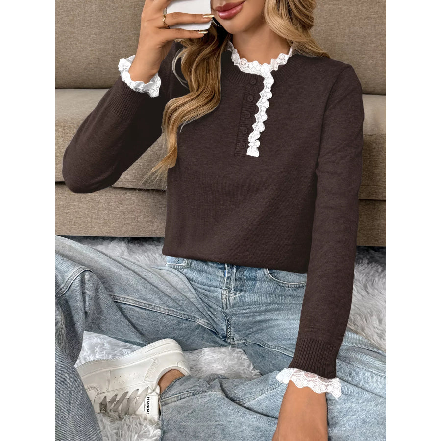 Lace Trim Button Detail Sweater Apparel and Accessories