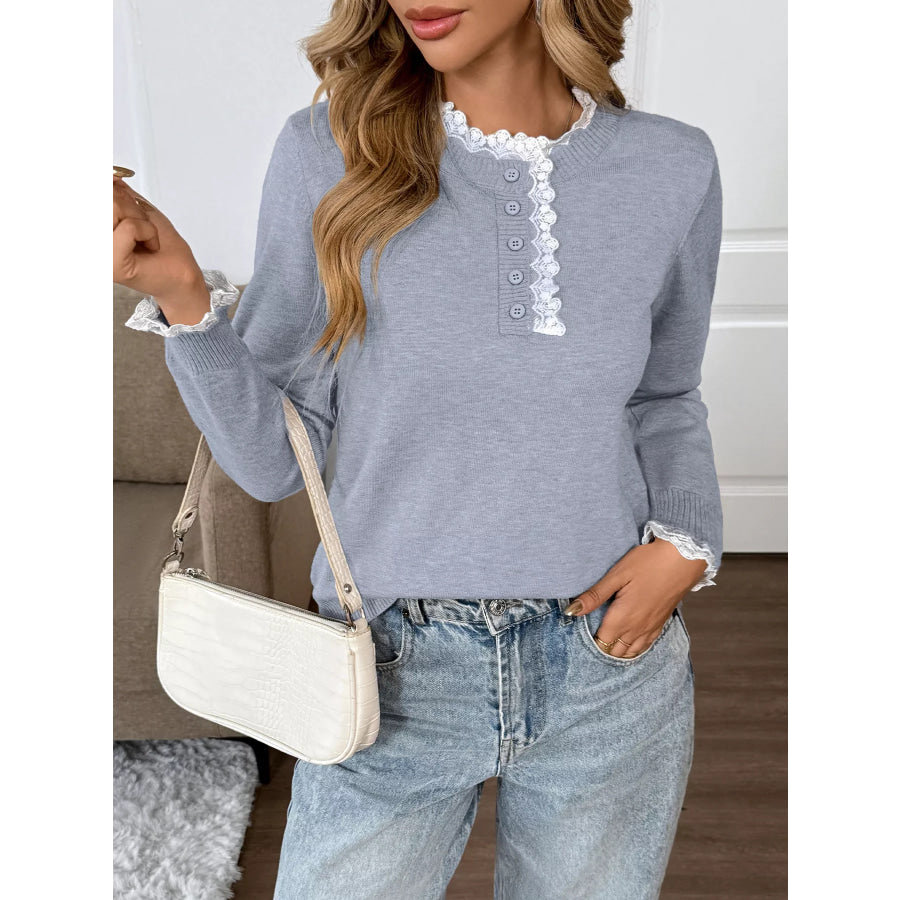 Lace Trim Button Detail Sweater Apparel and Accessories