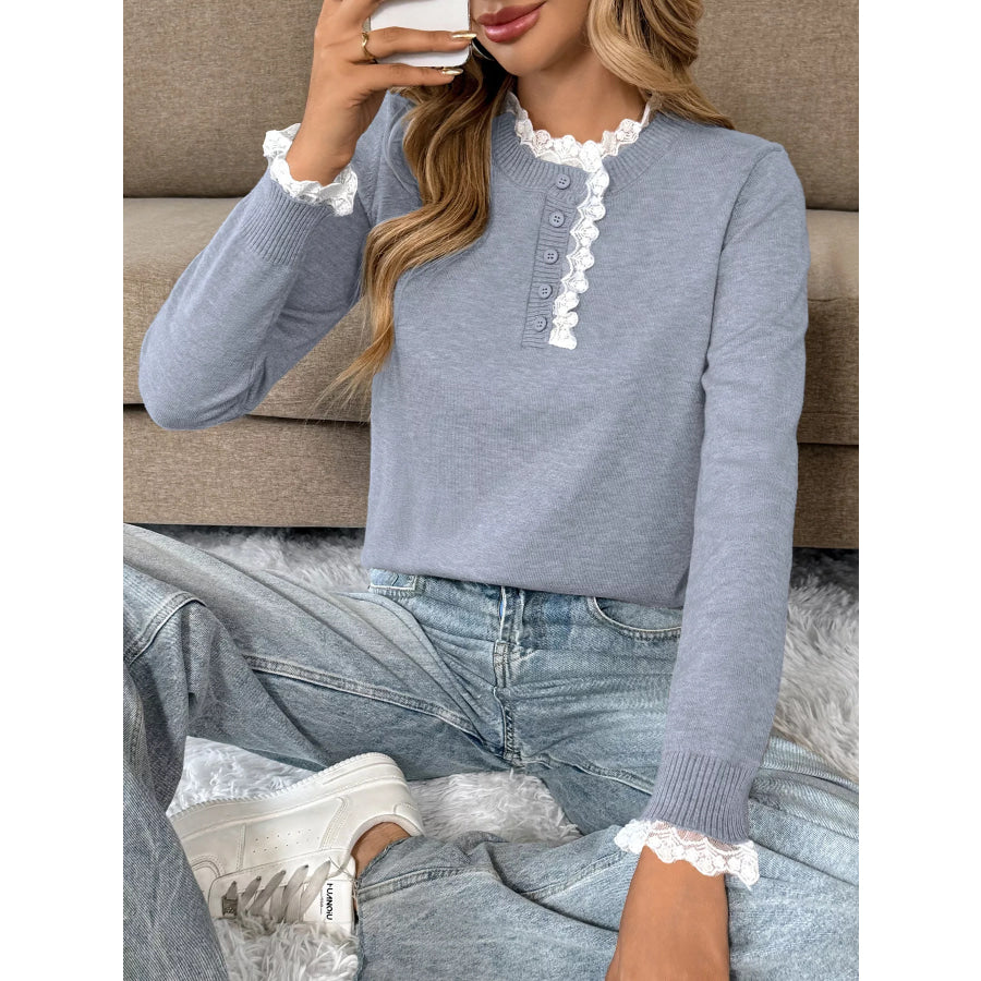 Lace Trim Button Detail Sweater Apparel and Accessories