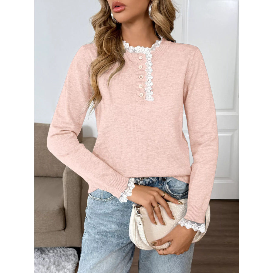 Lace Trim Button Detail Sweater Apparel and Accessories