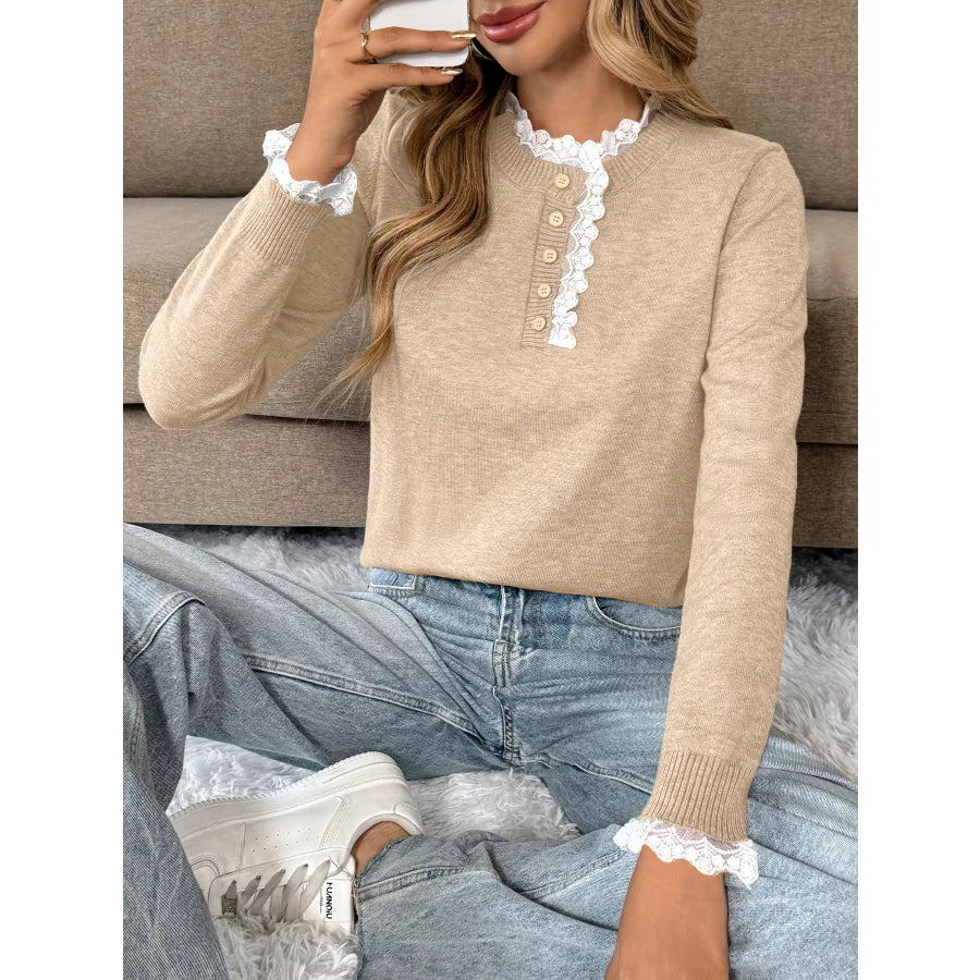 Lace Trim Button Detail Sweater Apparel and Accessories