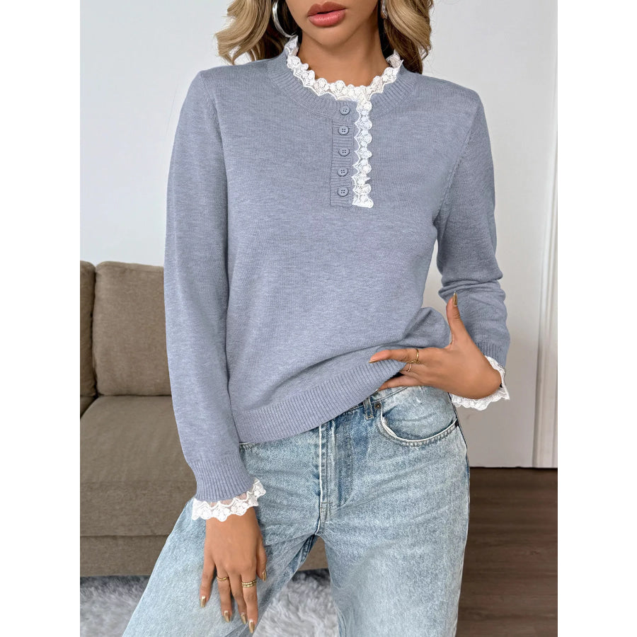 Lace Trim Button Detail Sweater Apparel and Accessories