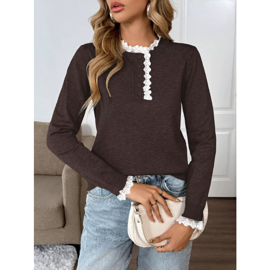 Lace Trim Button Detail Sweater Apparel and Accessories