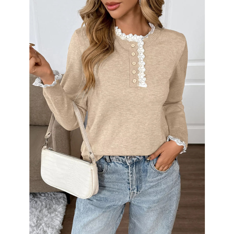 Lace Trim Button Detail Sweater Apparel and Accessories
