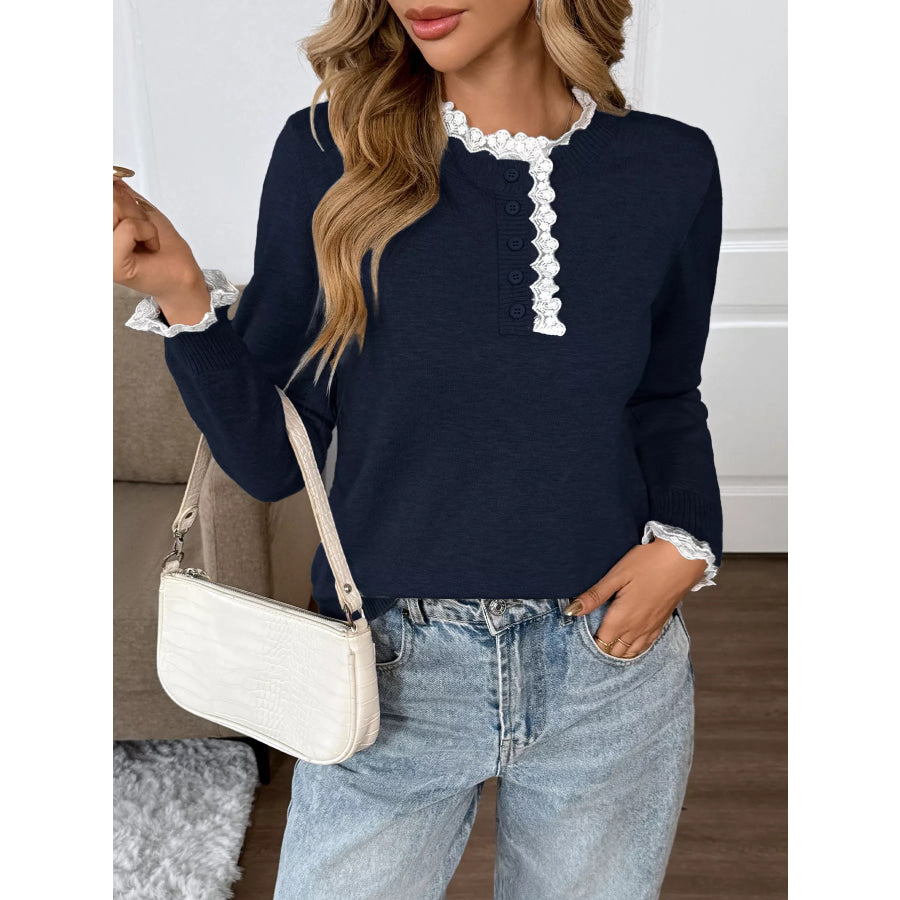 Lace Trim Button Detail Sweater Apparel and Accessories