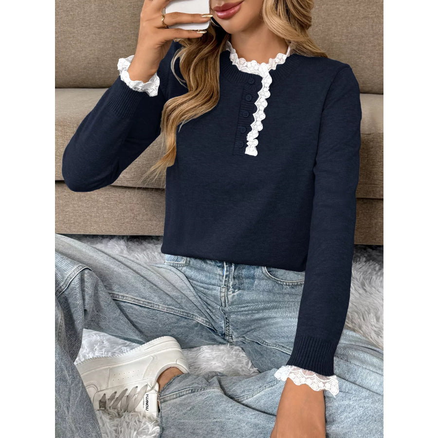Lace Trim Button Detail Sweater Apparel and Accessories