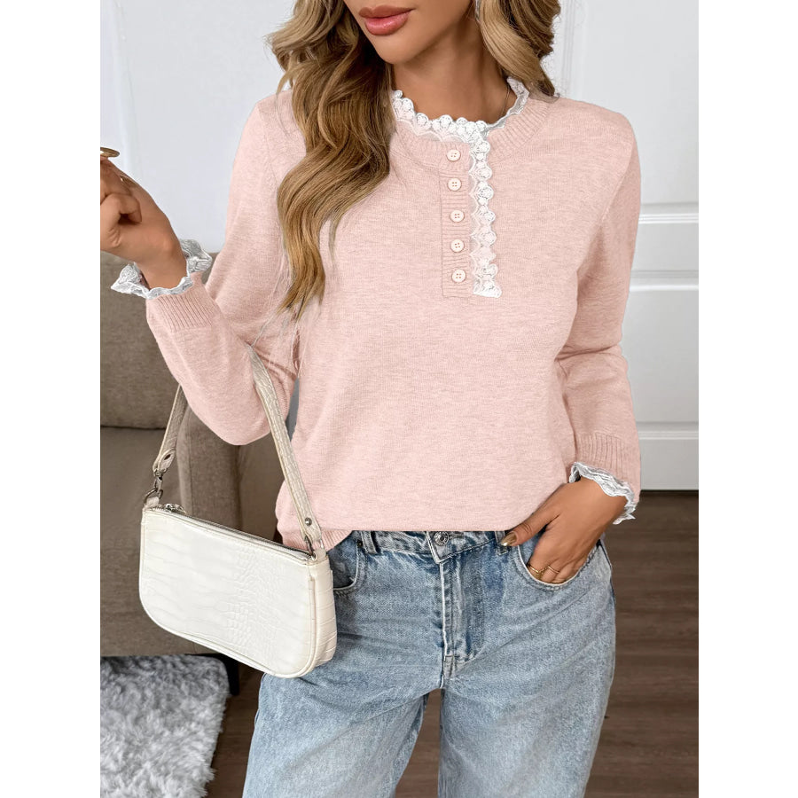 Lace Trim Button Detail Sweater Apparel and Accessories