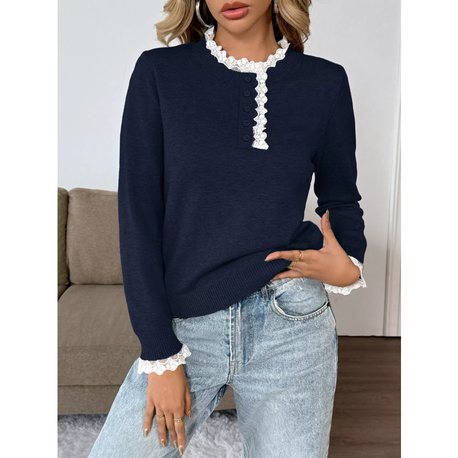 Lace Trim Button Detail Sweater Navy / S Apparel and Accessories