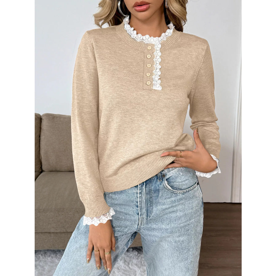 Lace Trim Button Detail Sweater Tan / S Apparel and Accessories