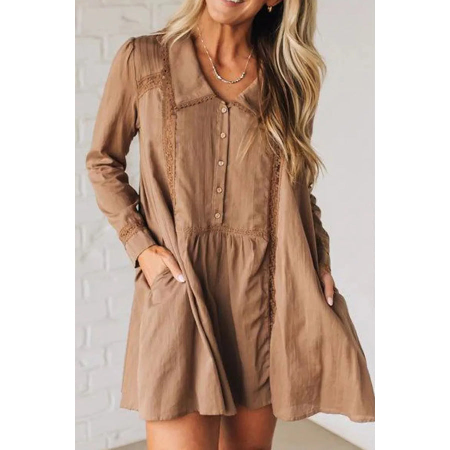 Lace Trim Button-Down Mini Dress Camel / S Apparel and Accessories