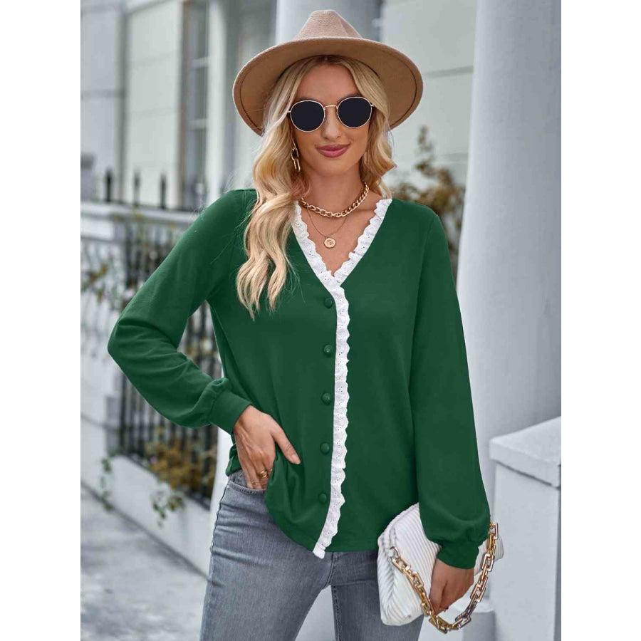 Lace Trim Button Down Top Green / S