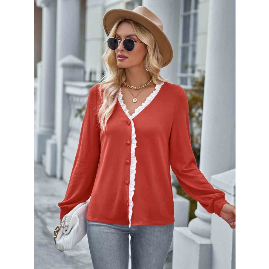 Lace Trim Button Down Top Red Orange / S