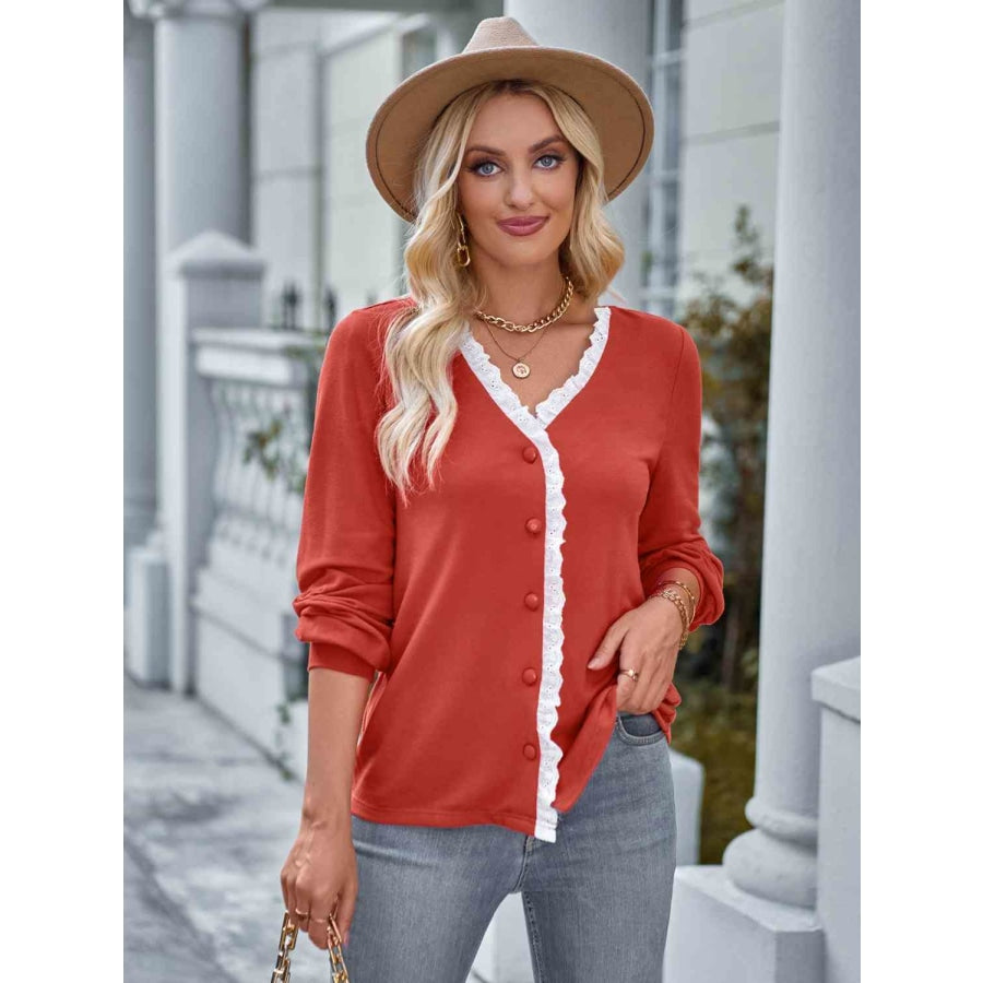 Lace Trim Button Down Top