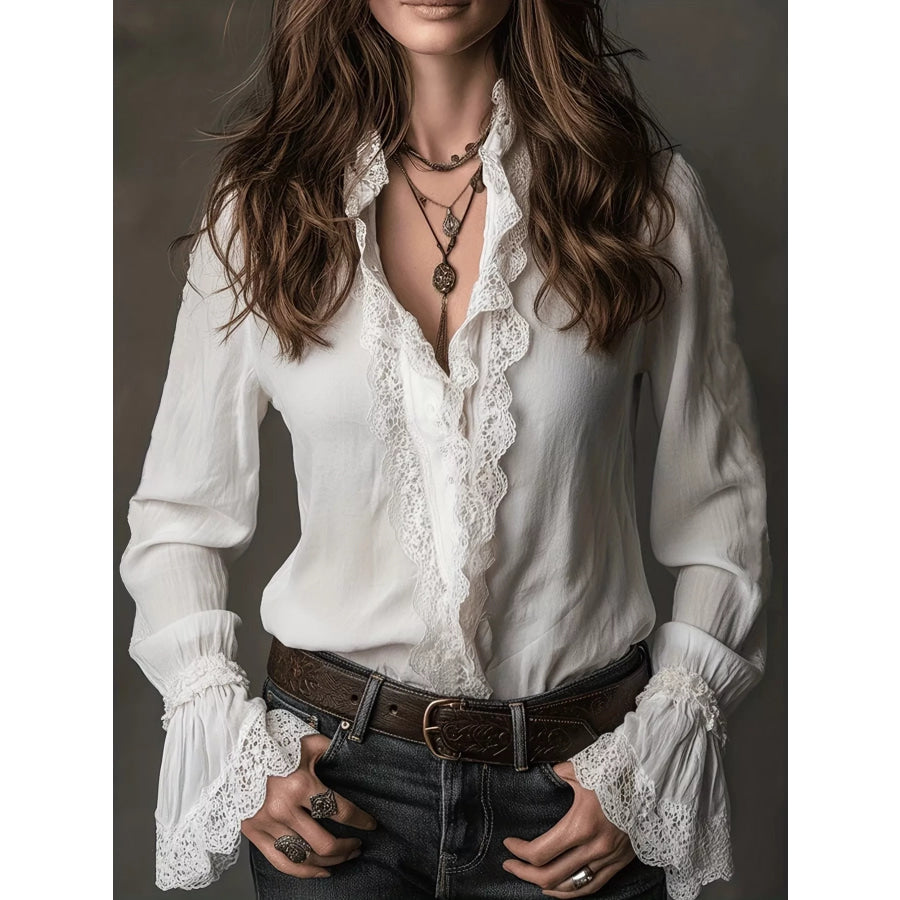 Lace Trim Button Up Shirt White / S Apparel and Accessories