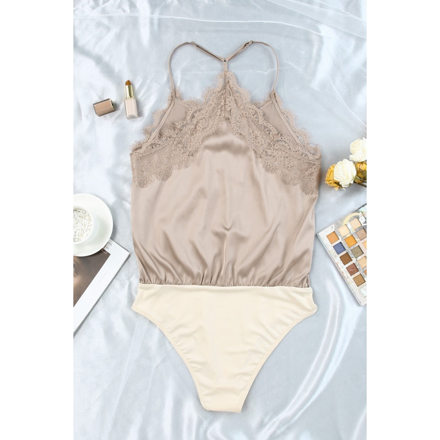 Lace Trim Buttoned Spaghetti Strap Bodysuit