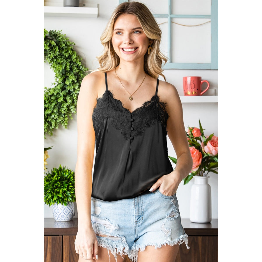 Lace Trim Buttoned Spaghetti Strap Bodysuit