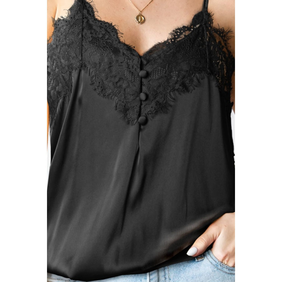 Lace Trim Buttoned Spaghetti Strap Bodysuit