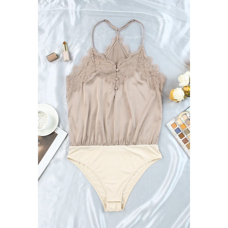 Lace Trim Buttoned Spaghetti Strap Bodysuit