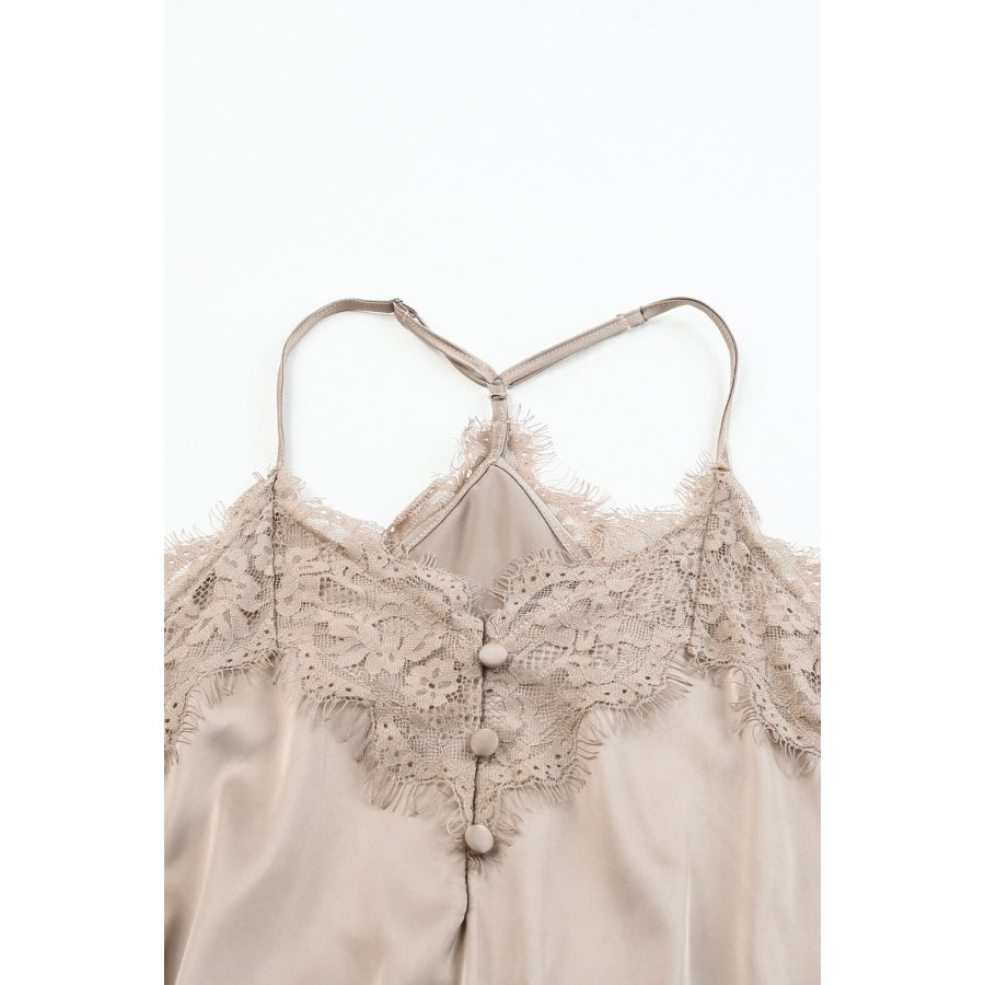 Lace Trim Buttoned Spaghetti Strap Bodysuit