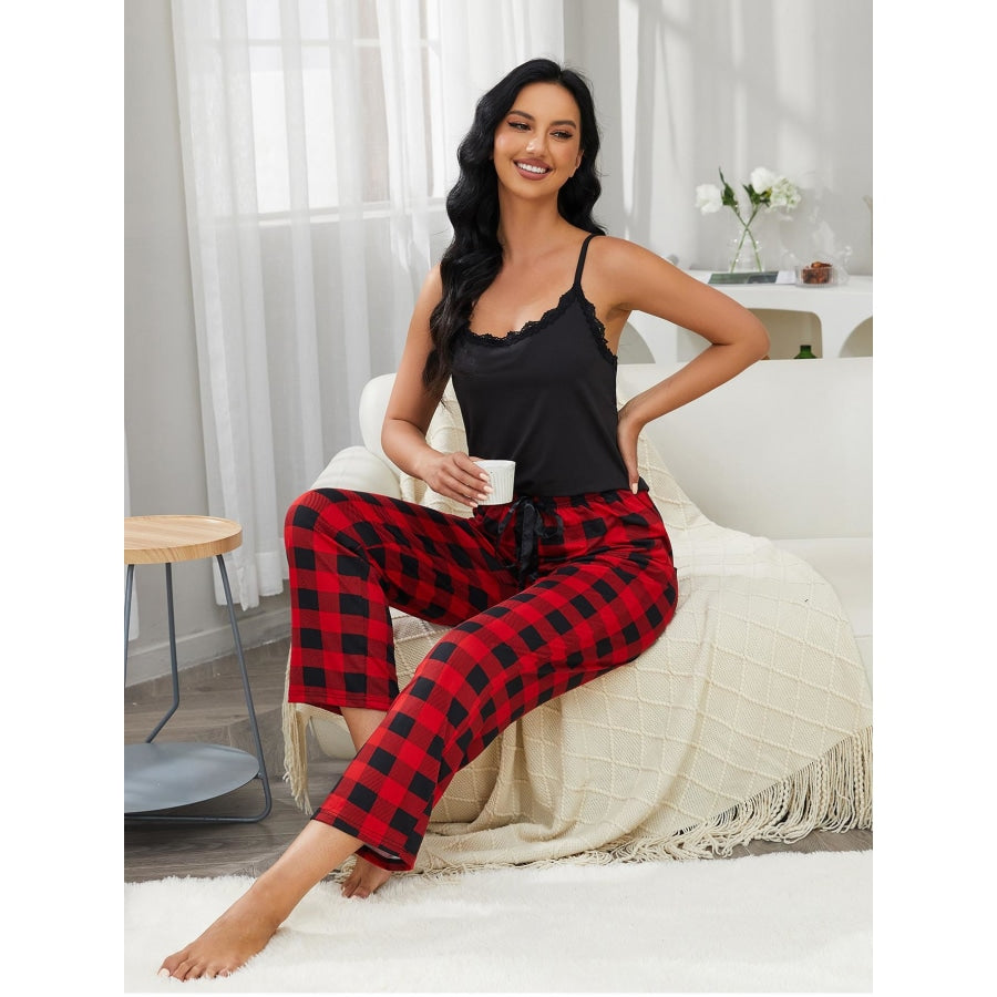 Lace Trim Cami and Plaid Pants Lounge Set