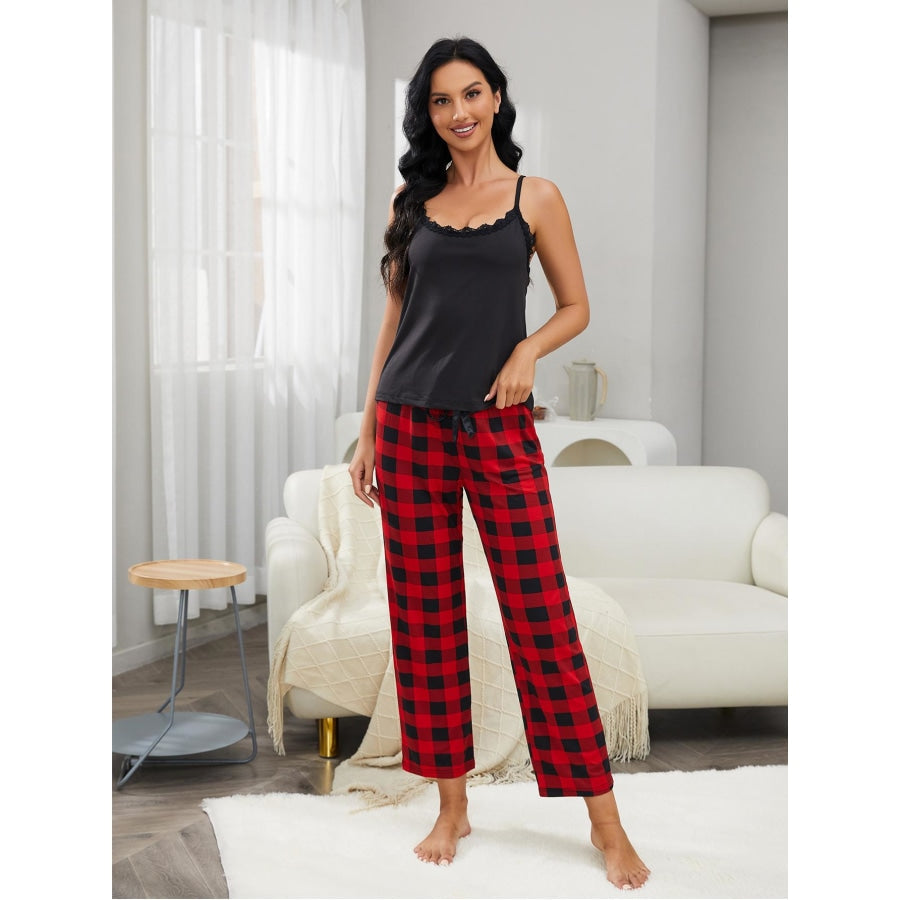 Lace Trim Cami and Plaid Pants Lounge Set