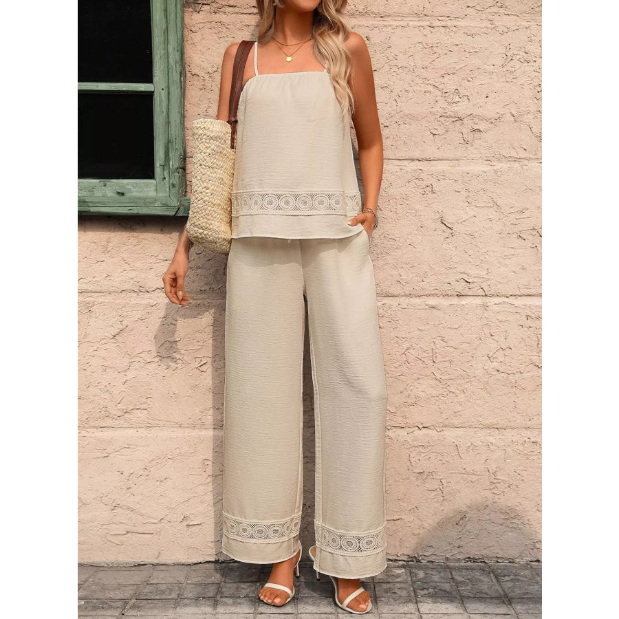 Lace Trim Cami and Wide Leg Pants Set Apparel and Accessories