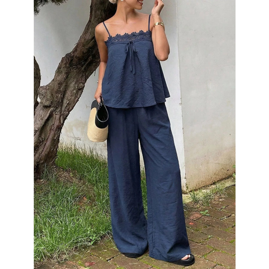 Lace Trim Cami and Wide-Leg Pants Set Blue / S Apparel and Accessories