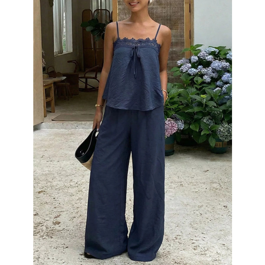 Lace Trim Cami and Wide-Leg Pants Set Blue / S Apparel and Accessories