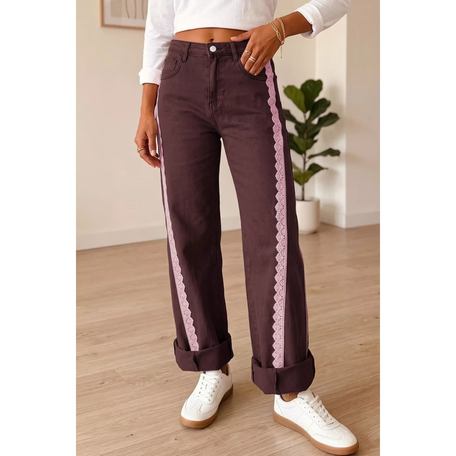 Lace Trim Casual Full-Length Regular Fit Jeans Apparel and Accessories