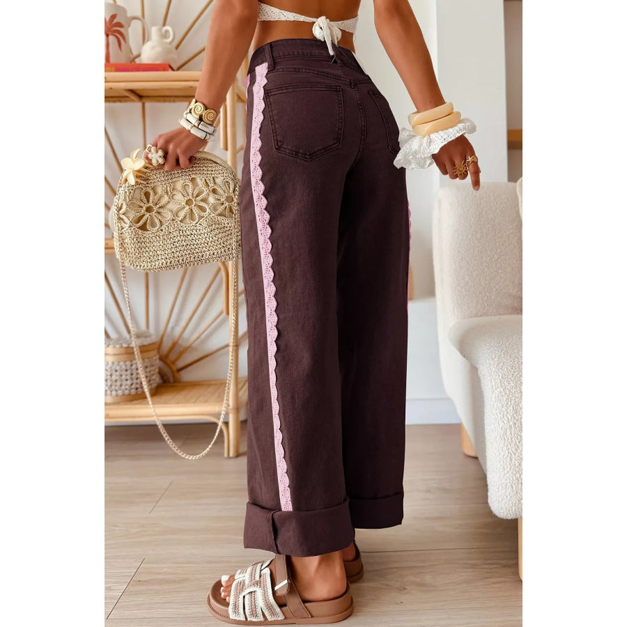 Lace Trim Casual Full-Length Regular Fit Jeans Apparel and Accessories