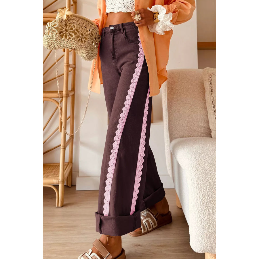 Lace Trim Casual Full-Length Regular Fit Jeans Coffee Brown / 4 Apparel and Accessories
