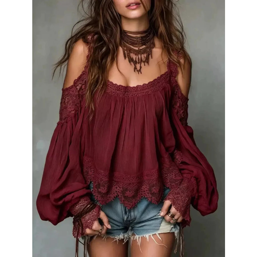 Lace Trim Cold Shoulder Blouse Burgundy / S Apparel and Accessories