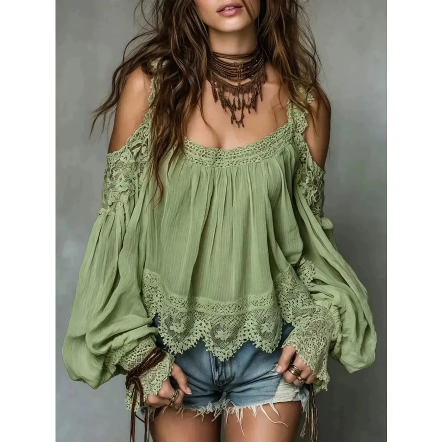 Lace Trim Cold Shoulder Blouse Green / S Apparel and Accessories