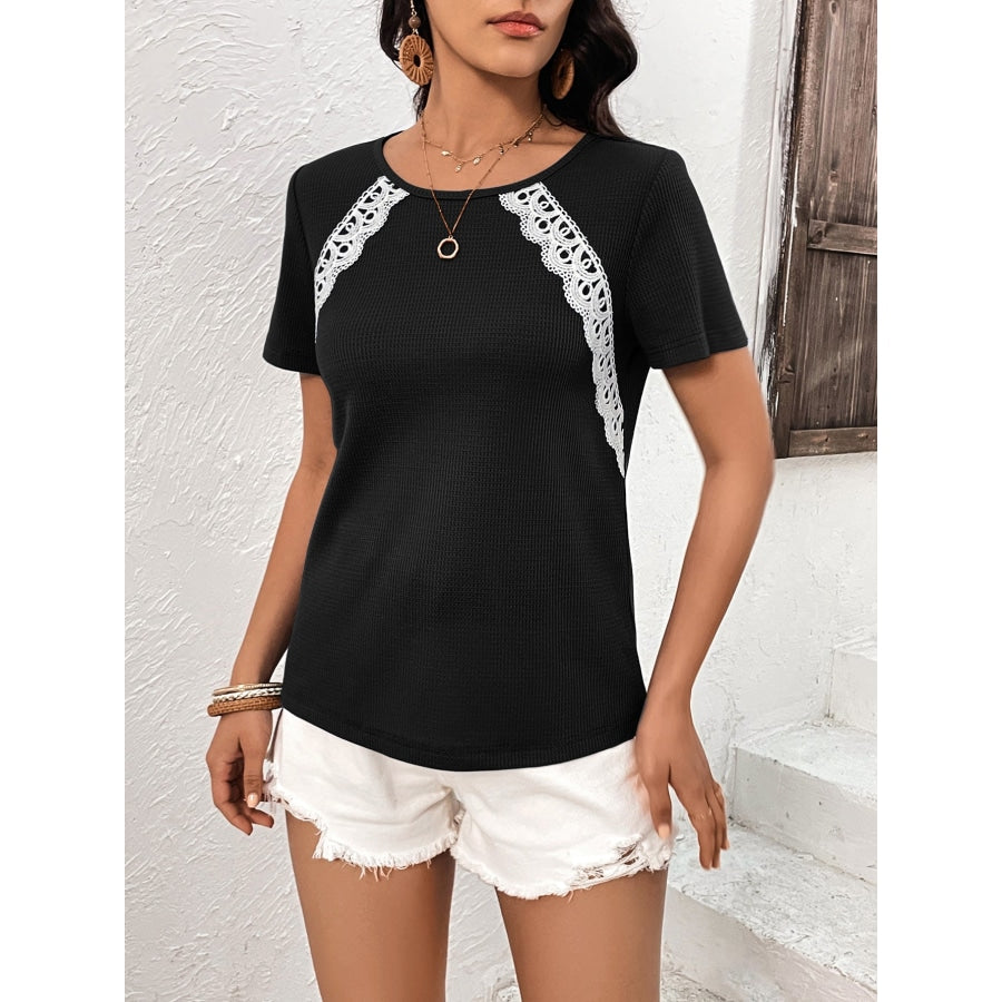 Lace Trim Contrast Waffle-Knit Top Black / S