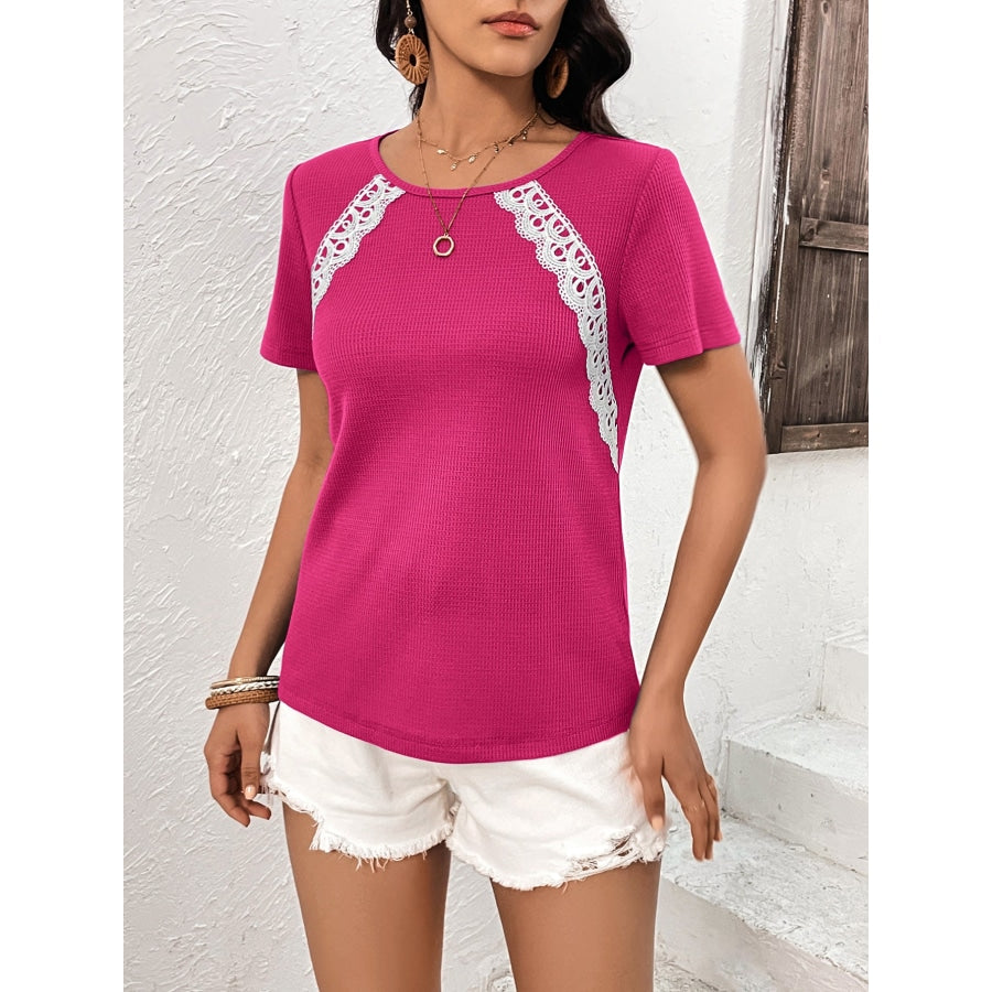 Lace Trim Contrast Waffle-Knit Top Hot Pink / S