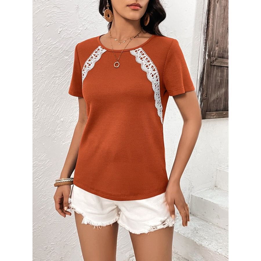 Lace Trim Contrast Waffle-Knit Top Red Orange / S