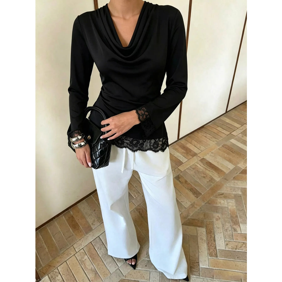 Lace Trim Cowl Neck Blouse Apparel and Accessories