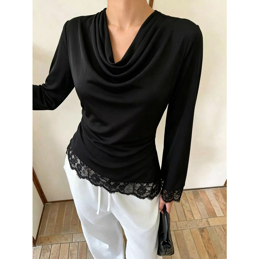 Lace Trim Cowl Neck Blouse Apparel and Accessories