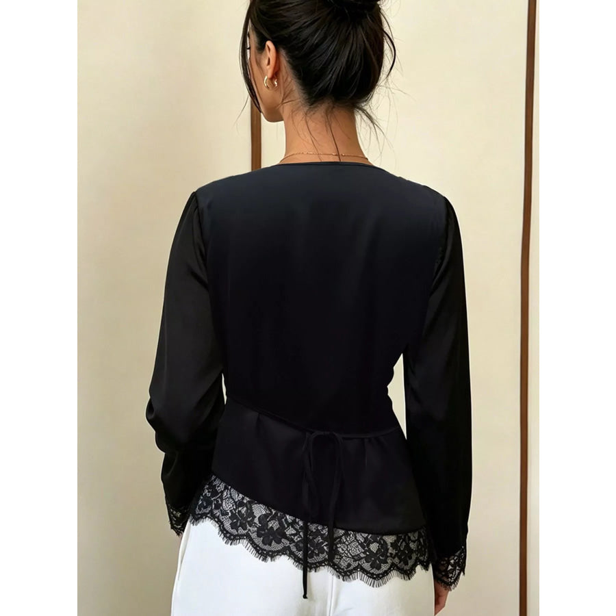 Lace Trim Cowl Neck Blouse Black / S Apparel and Accessories