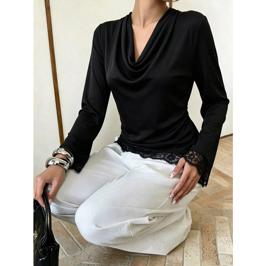 Lace Trim Cowl Neck Blouse Apparel and Accessories