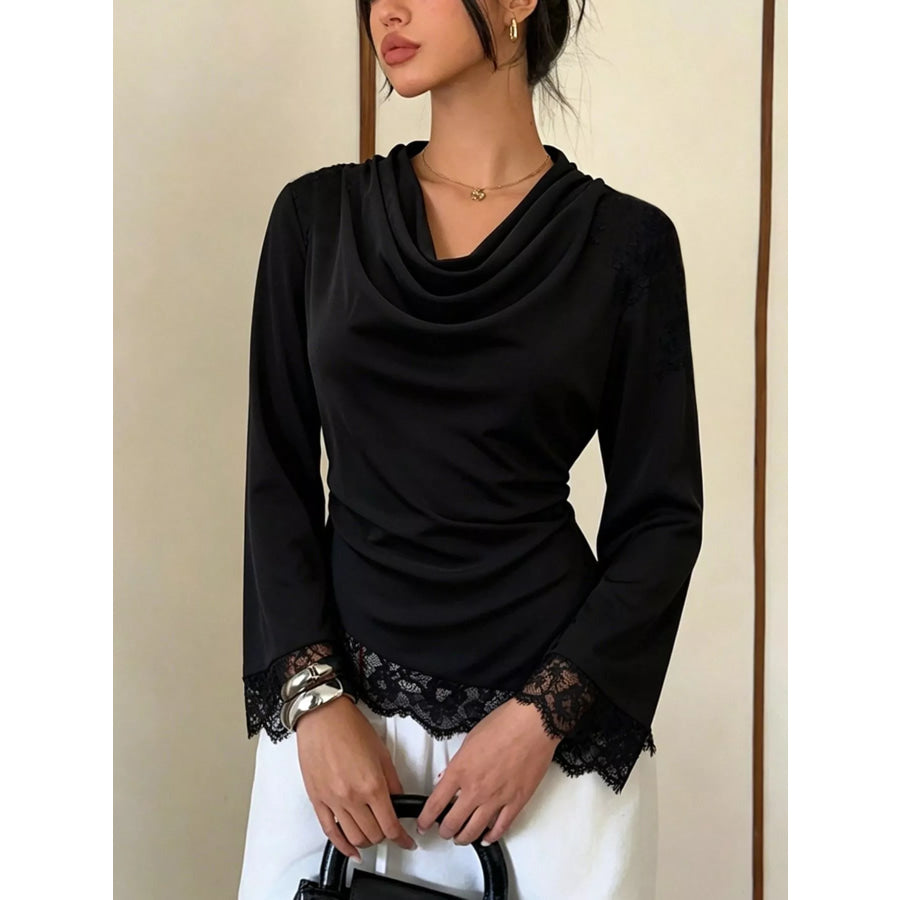 Lace Trim Cowl Neck Blouse Black / S Apparel and Accessories