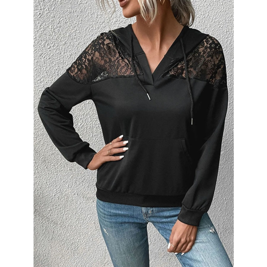 Lace Trim Dropped Shoulder Hoodie Black / S