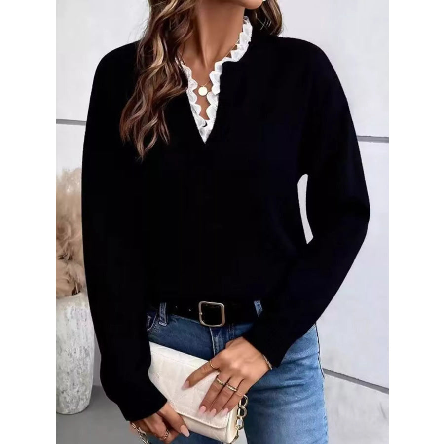 Lace Trim Dropped Shoulder Sweater Black / S Apparel and Accessories