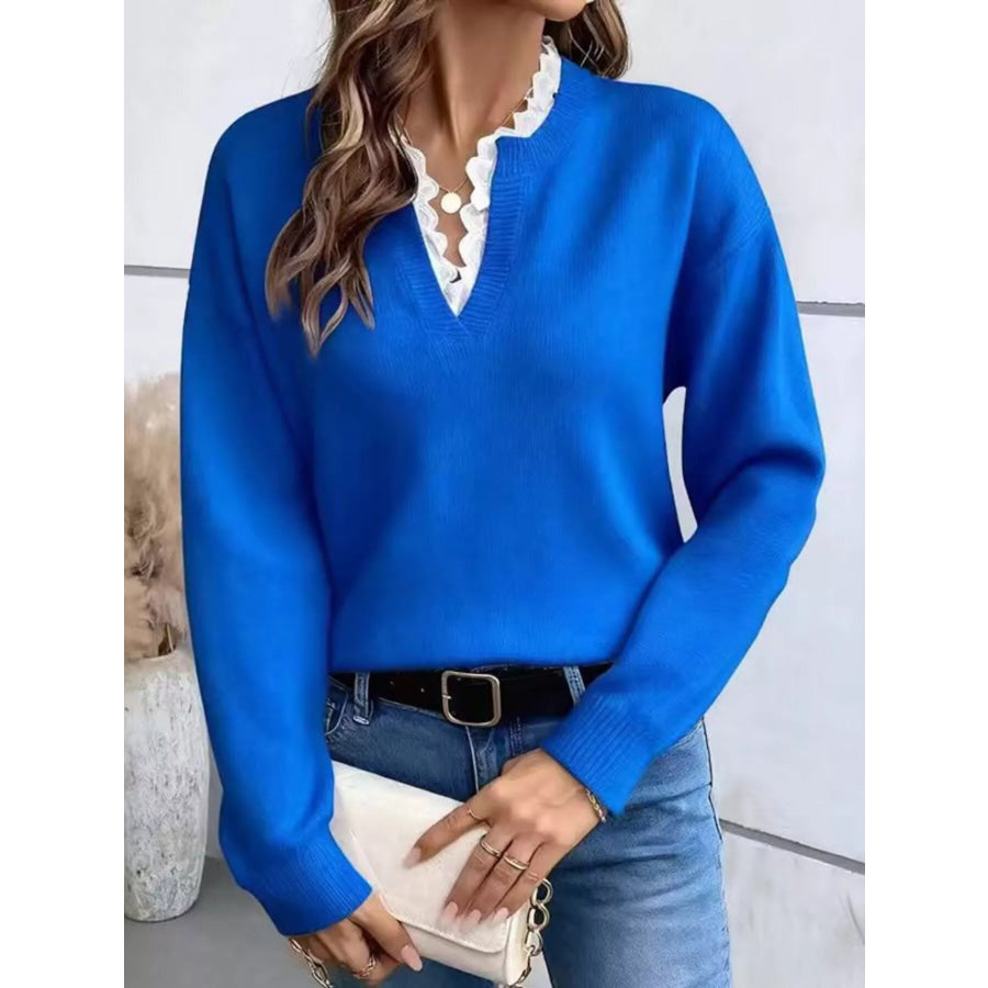 Lace Trim Dropped Shoulder Sweater Blue / S Apparel and Accessories