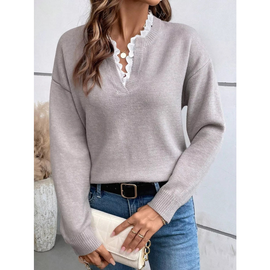 Lace Trim Dropped Shoulder Sweater Light Gray / S Apparel and Accessories